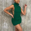 Kliou Stunning Stacked Mini Dress Women Sexy Solid Mock Neck Sleeveless Draw String Bodycon Party Clubwear Elegant Female Skirt
