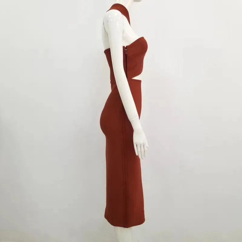 Women Summer Sexy Hollow Out Brown Midi Knee Length Bodycon Bandage Dress 2023 Designer Elegant Evening Party Dress Vestido