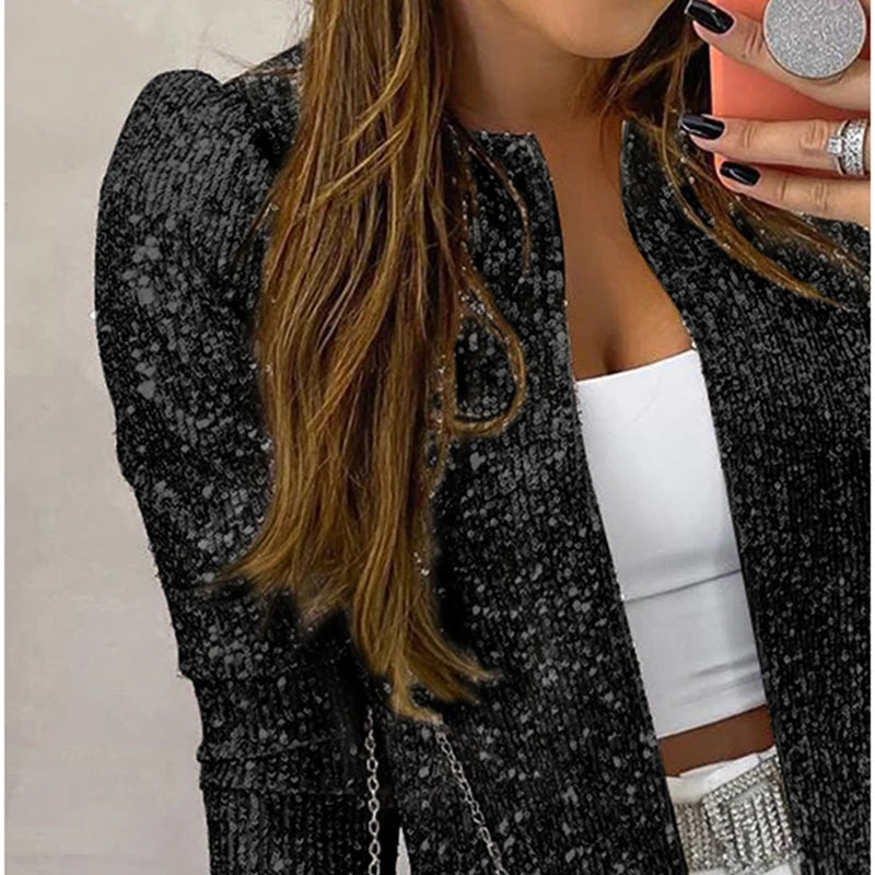 2024 Fashion Sequin Jackets Women Glitter Long Sleeve Short Coats Elegant Spring Outwear Office Ladies Solid  Streetwear Jacket