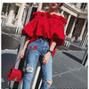 Women Korean Ruffles Off Shoulder Tee Top Puffy Sleeves Red Chiffon Blouse Female Oversize Casual Shirt Lady Chic New