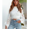 Sexy Long Sleeve White Lace Shirts Women Blouses Casual Crochet Hollow Out Elegant Tops Cropped Turtleneck Blusas 16296