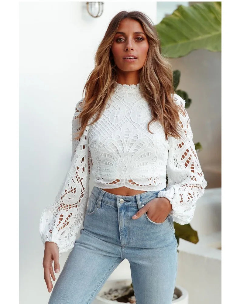 Sexy Long Sleeve White Lace Shirts Women Blouses Casual Crochet Hollow Out Elegant Tops Cropped Turtleneck Blusas 16296