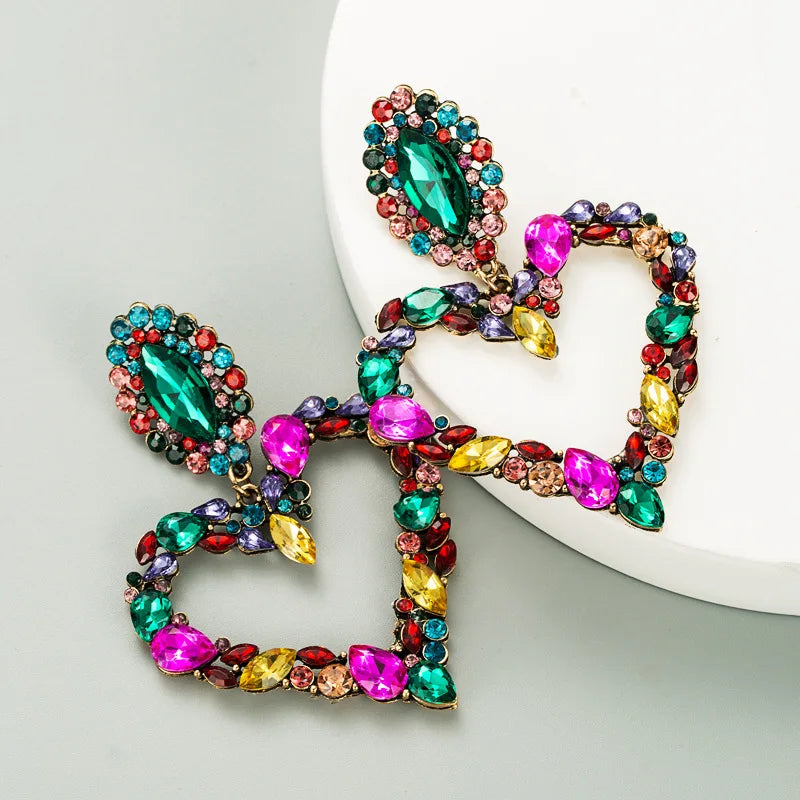 KMVEXO New Shiny Crystal Rhinestone Heart Pendant Dangle Earrings 2023 For Women Jewelry Fashion Statement Earrings Accessories