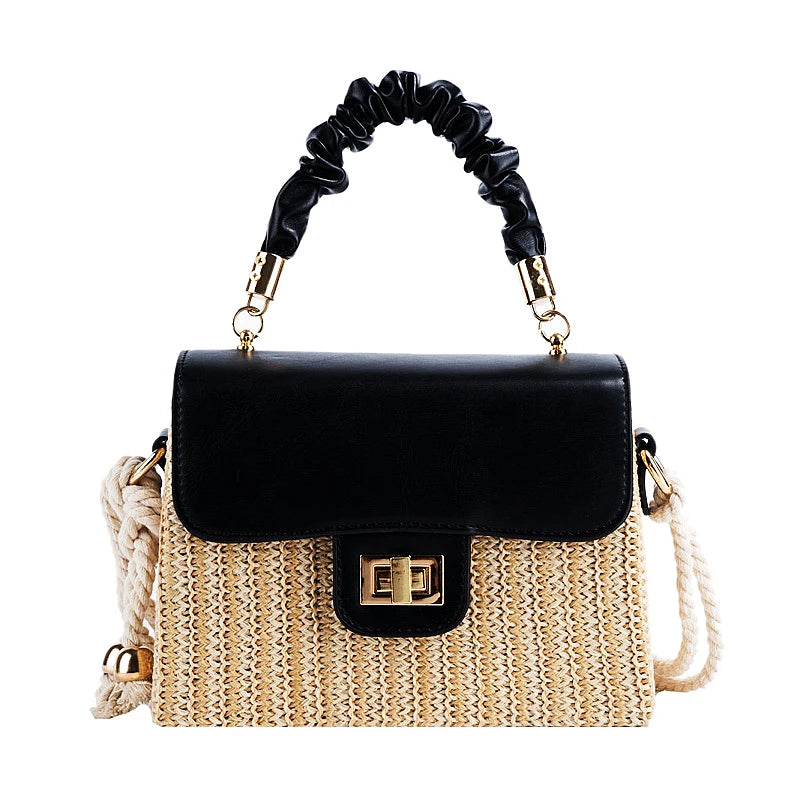 Straw Beach Bag for Women 2021 Summer Pleated Handle Luxury Designer Bag Contrast Color Crossbody Purse and Handbag Lady Bolsos
