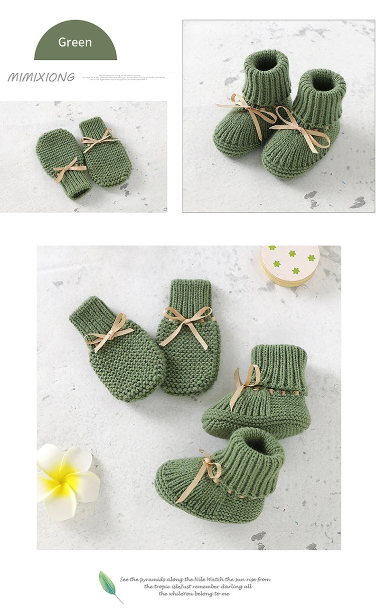 Baby Shoes + Gloves Set Knit Newborn Girls Boys Boots Mitten Fashion Butterfly-knot Toddler Infant Slip-On Bed Shoes Hand Made