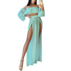 Puloru New Women Two-pieces Beach Suits Summer Solid Color Bikini Cover-ups Sets Off Shoulder Crop Tops+High Slit Maxi Skirts