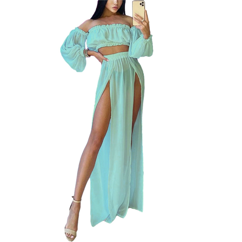 Puloru New Women Two-pieces Beach Suits Summer Solid Color Bikini Cover-ups Sets Off Shoulder Crop Tops+High Slit Maxi Skirts