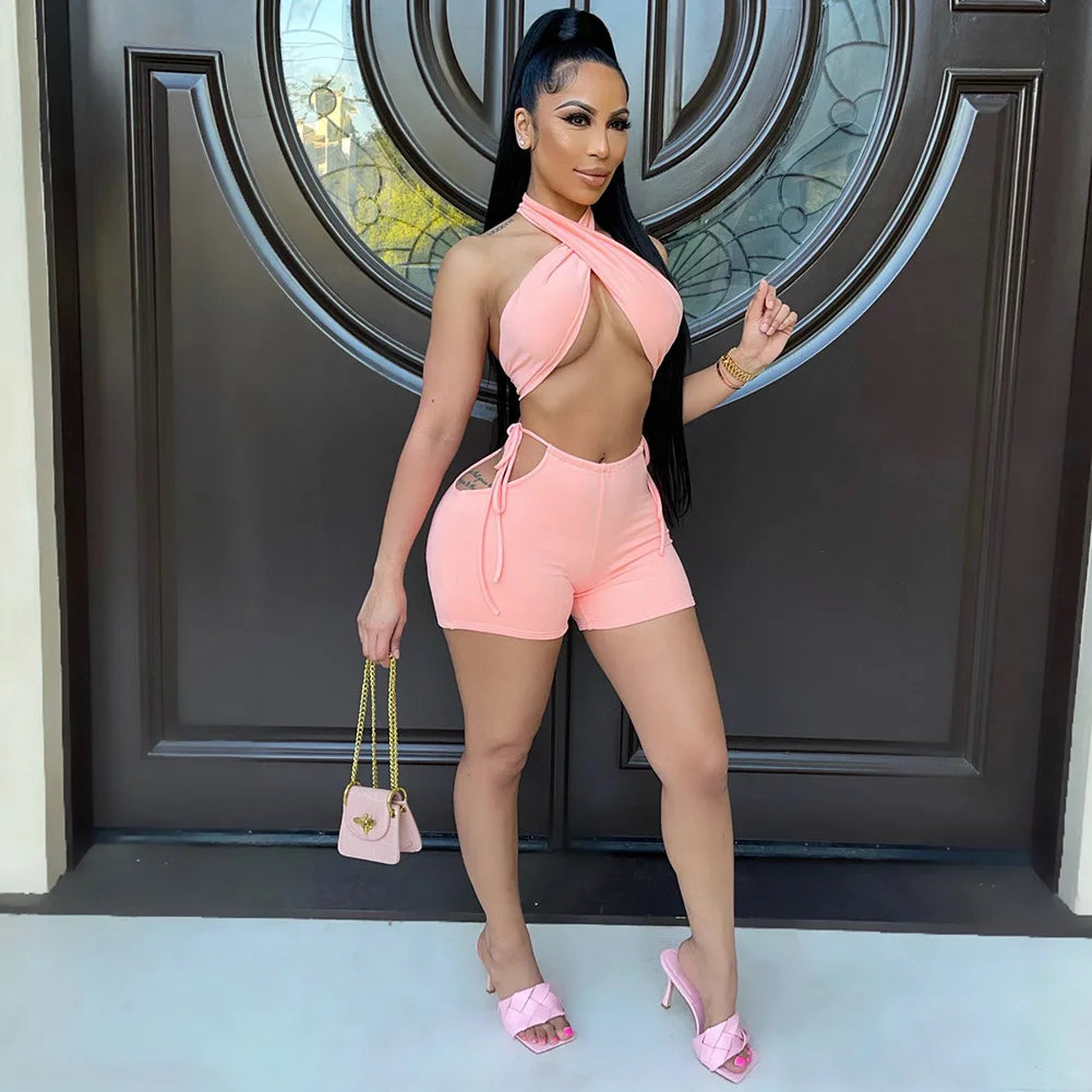 Two Piece Sets for Women Ruched Bandage Criss Cross Solid Women 2024 Spring Backless Club Crop Top and Shorts Matching Set