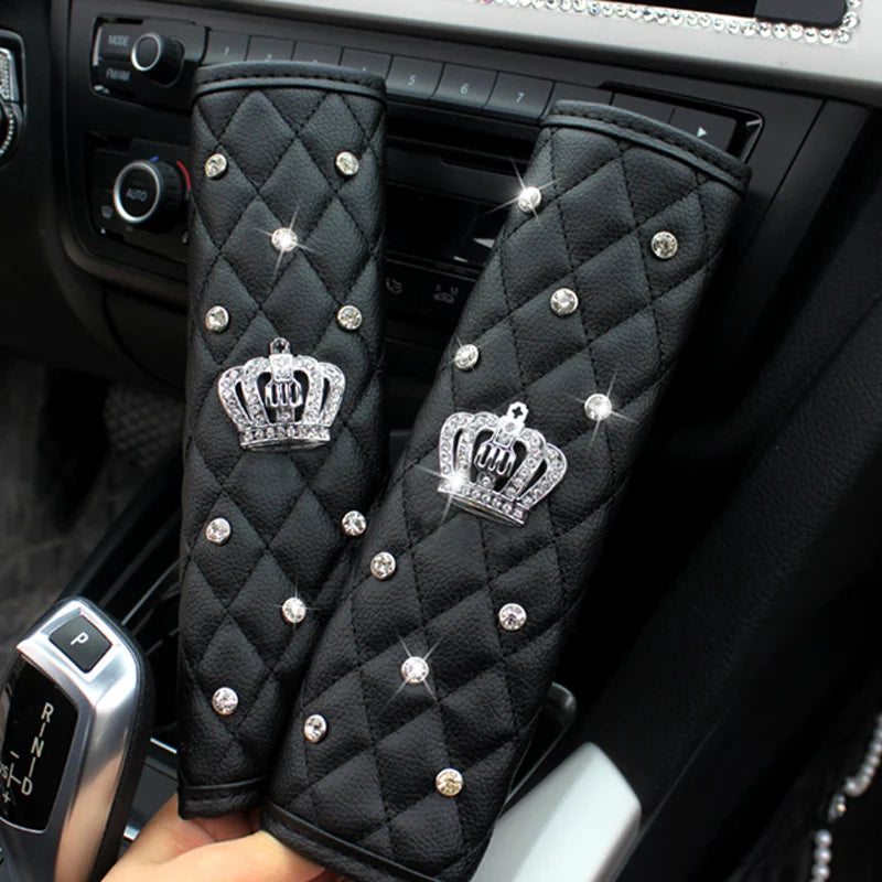 Universal PU Leather Car Steering Wheel Cover Bling Rhinestone Crystal Car Interior Decro with Crystal Crown Accessories Black