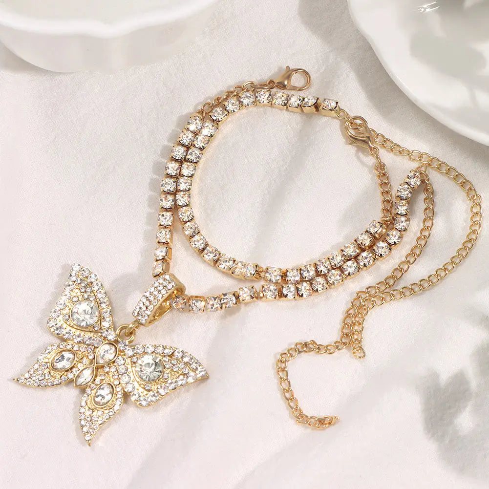 Iced Out Crystal Rhinestones Butterfly Pendants Anklet Chain For Women Multi-layer Big Rhinestones Tennis Chain Ankle Jewelry