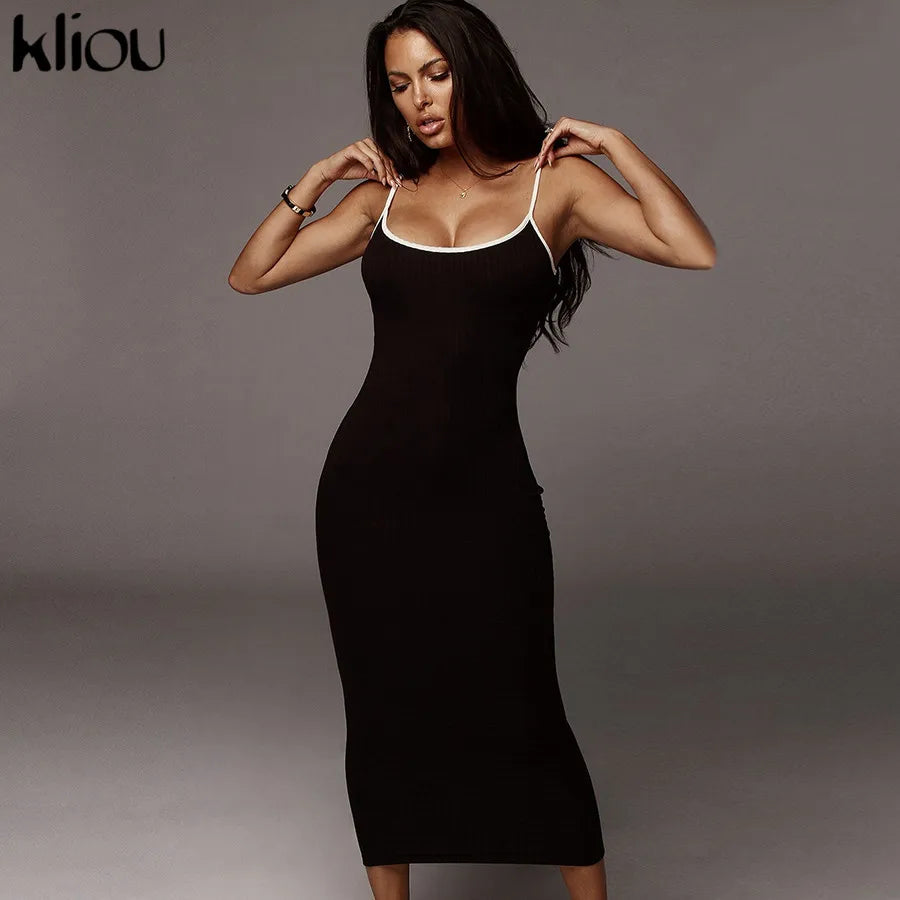 Kliou strap backless sexy bodycon midi long dress new women high waist cotton striped dresses elegant fashion party clothes