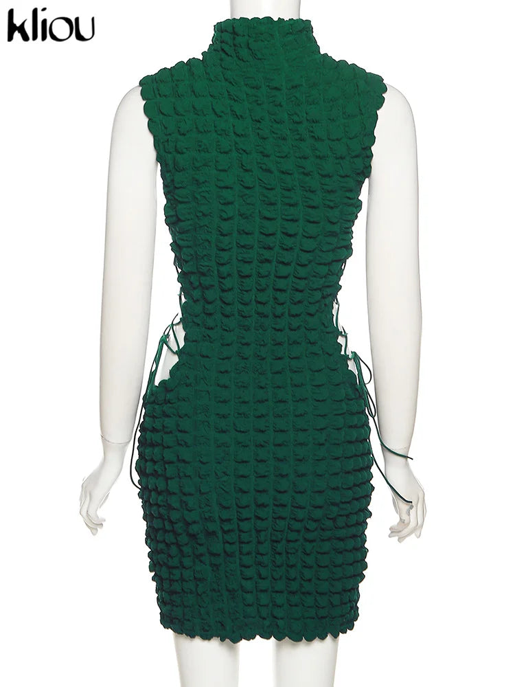 Kliou Stunning Stacked Mini Dress Women Sexy Solid Mock Neck Sleeveless Draw String Bodycon Party Clubwear Elegant Female Skirt