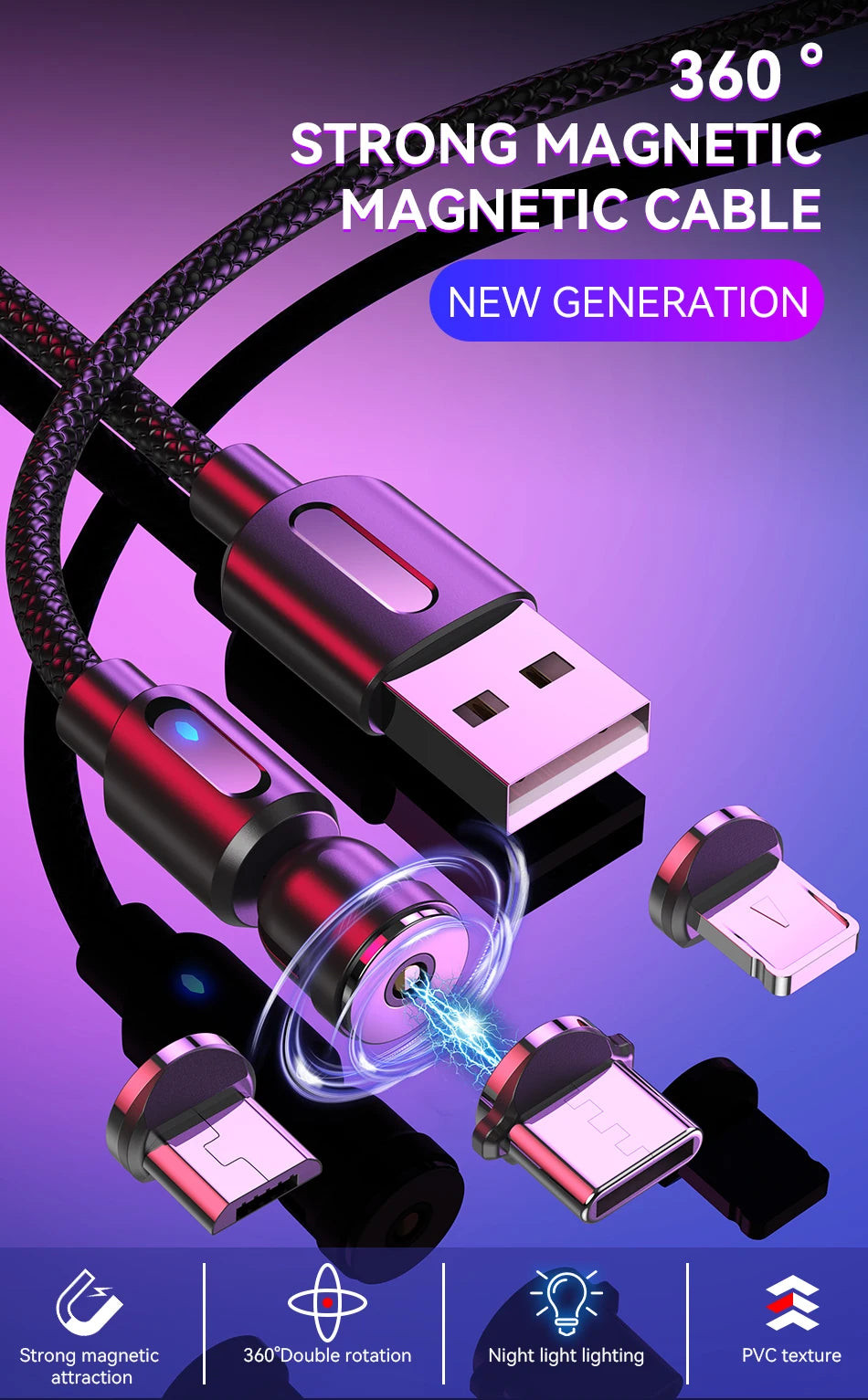 Lovebay Magnetic Cable USB Type C Cable 2.4A 540 Rotate Micro Charger 0.5M 1M 2M Charging Cable For iPhone 13 12 Xiaomi Huawei