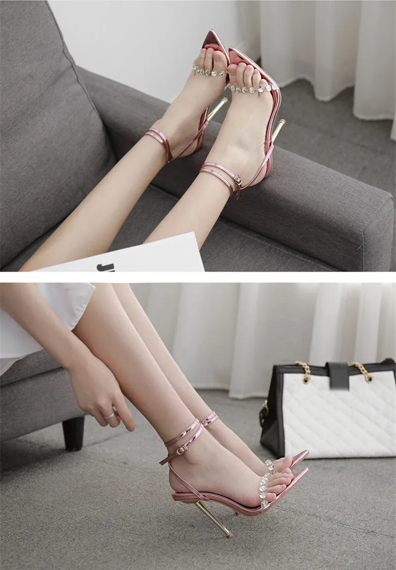 Eilyken Crystal Sexy Women Sandals Metal High Heels Ankle Buckle Strap Gladiator Ladies Pumps Stiletto Nightclub Party Shoes