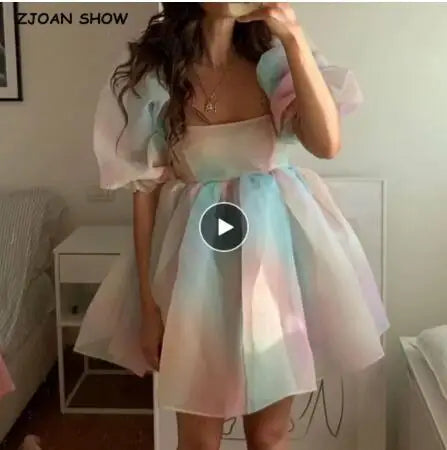 2024 Sweet Green Gingham Plaid Organza Ball Gown Dress Puff Sleeve Retro Women Swing Short Princess Robe Fairy Cake Vestidos
