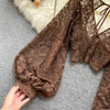 Autumn Black/White/Brown Sexy Lace Blouse Women Elegant V-Neck Puff Long Sleeve Open Back Short Tops Female Party Blusas 2021