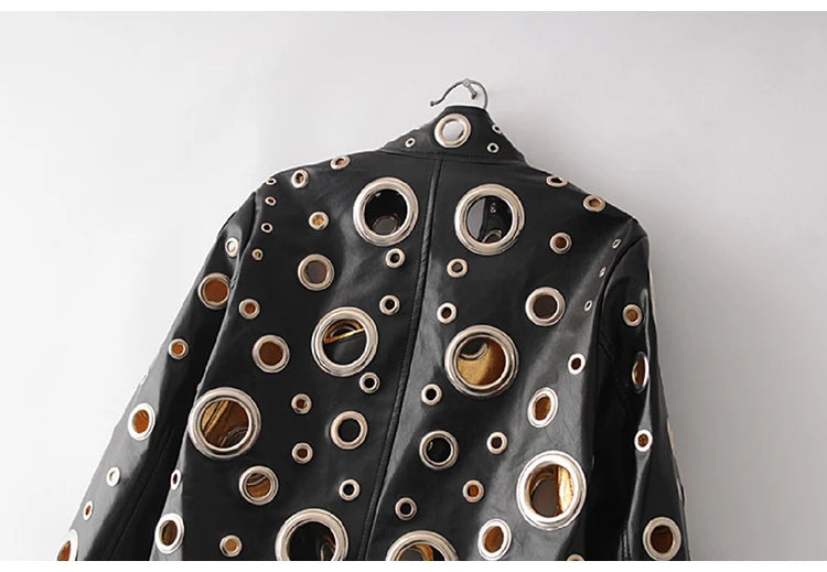 Lautaro Runway Cut Out Short Faux Leather Jacket Golden Rivet Cool Stylish Designer Clothes Women European American Fashion 2022
