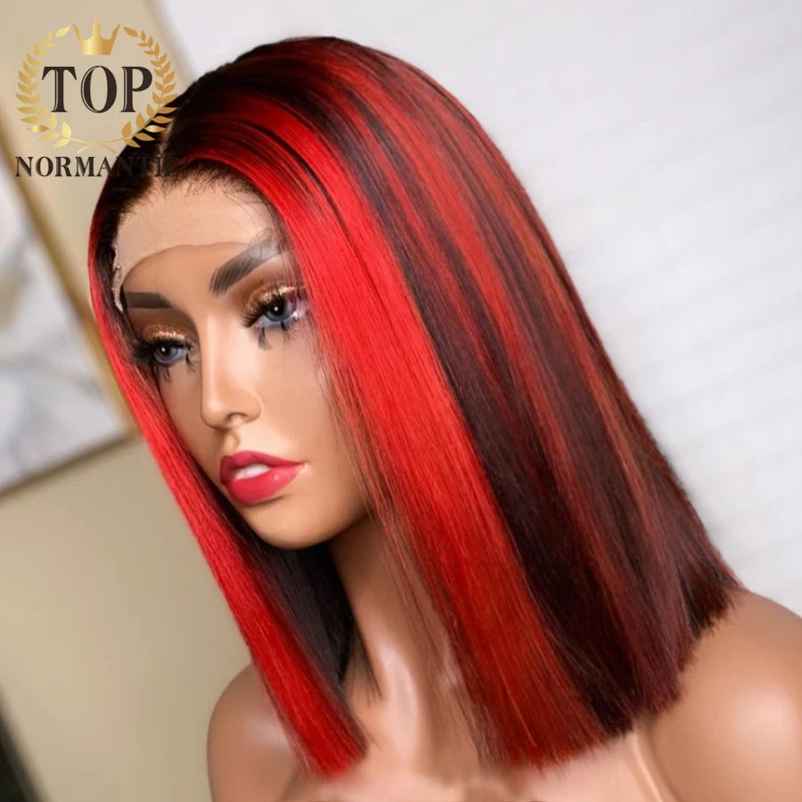 Topnormantic Highlight Red Color Straight Wigs For Women Brazilian Remy Human Hair 4x4 Lace Closure Straight Bob Wig Preplucked