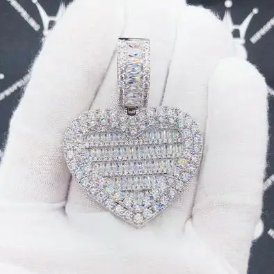 In Stock Iced Out Bling Women Jewelry 5A White Cubic Zirconia Heart Shaped Pendant Necklace With Tennis Box Chain