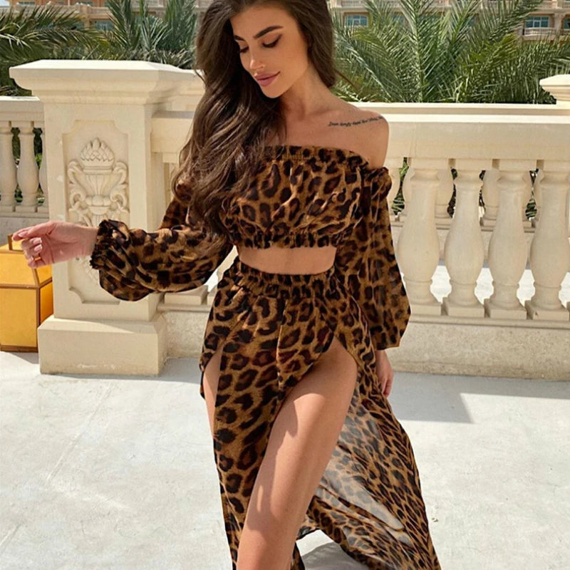 Puloru New Women Two-pieces Beach Suits Summer Solid Color Bikini Cover-ups Sets Off Shoulder Crop Tops+High Slit Maxi Skirts