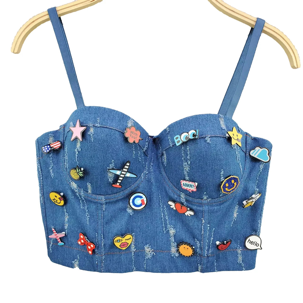 Irene Tinnie Sexy Cute Hole Cartoon Decoration Push Up Bustier Women's Denim Bralette Cropped Top Vest Plus Size