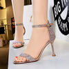 Women Summer Sandals 8.5cm High Heels Rhinestone Crystal Middle Heels Ankle Strappy Sandles Lady Wedding Event Party Gold Shoes