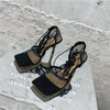 Eilyken Sexy Mesh Pumps Sandals Female Square Toe High Heel Lace Up Cross-Tied Stiletto Hollow Dress Shoes Zapatos Mujer