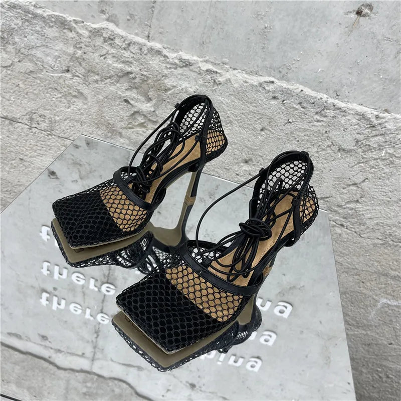 Eilyken Sexy Mesh Pumps Sandals Female Square Toe High Heel Lace Up Cross-Tied Stiletto Hollow Dress Shoes Zapatos Mujer