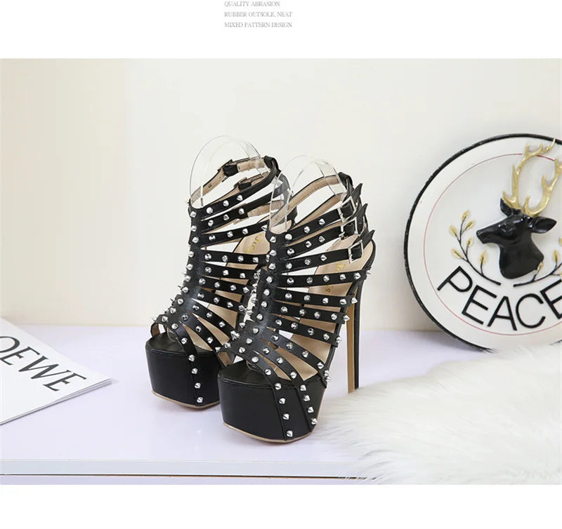 2024 New Summer Platform High Heels Sandals Women Sexy Peep Toe Pumps Fashion Rivet Decoration Ladies Party Pole Dance Shoes
