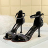 Women Summer Sandals 8.5cm High Heels Rhinestone Crystal Middle Heels Ankle Strappy Sandles Lady Wedding Event Party Gold Shoes