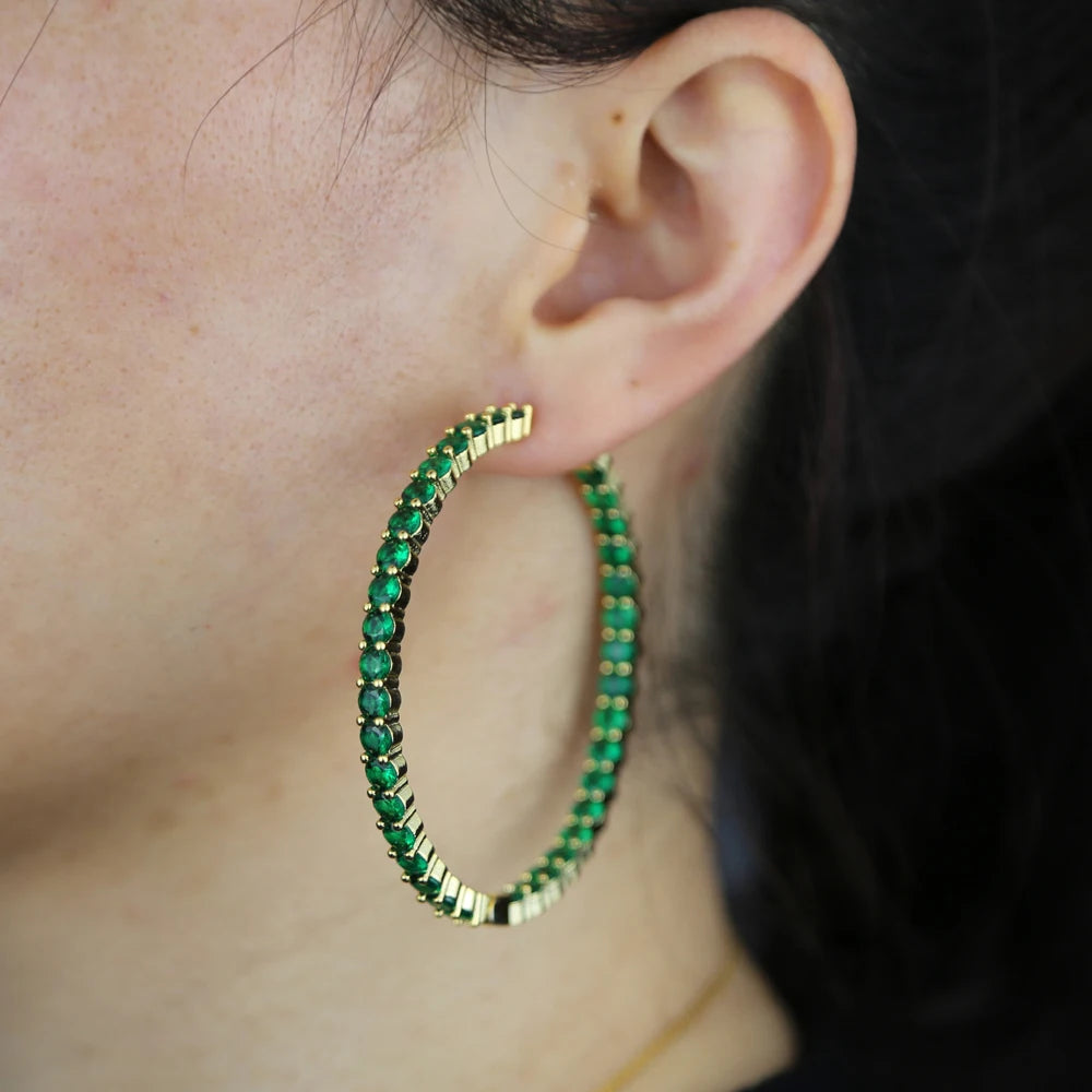 Iced Out Big Hoops Bling 5A Round Cubic Zirconia 55mm Huggie Earring For Women White Pink Colorful CZ Pinky Hoops Jewelry