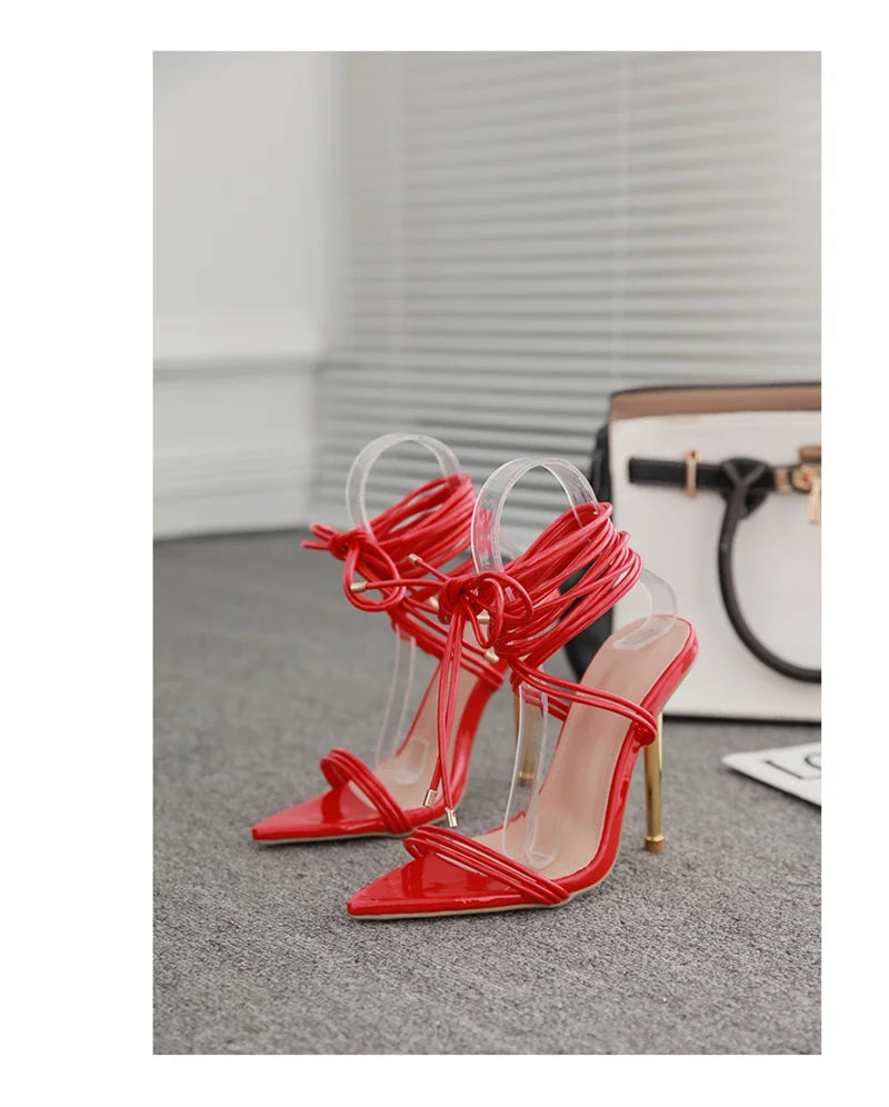 Summer 12CM Gladiator Heels Sandals For Women Fashion Pointed Open Toe Lace-Up Stiletto Ladies Strappy Wedding Shoes Black Red