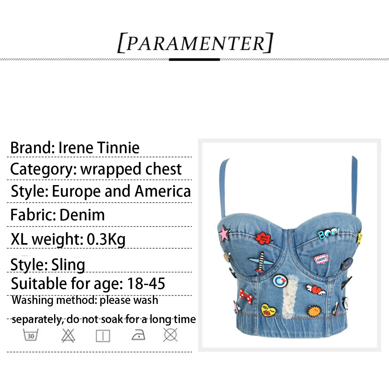 Irene Tinnie Sexy Cute Hole Cartoon Decoration Push Up Bustier Women's Denim Bralette Cropped Top Vest Plus Size