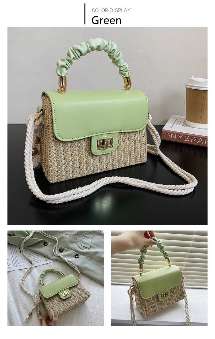 Straw Beach Bag for Women 2021 Summer Pleated Handle Luxury Designer Bag Contrast Color Crossbody Purse and Handbag Lady Bolsos
