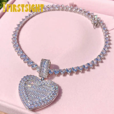 Iced Out Bling Can Be Opened Heart-shaped Photo Pendant Necklace Hearts Tennis Chain Cubic Zirconia Fashion Women Men Jewelry