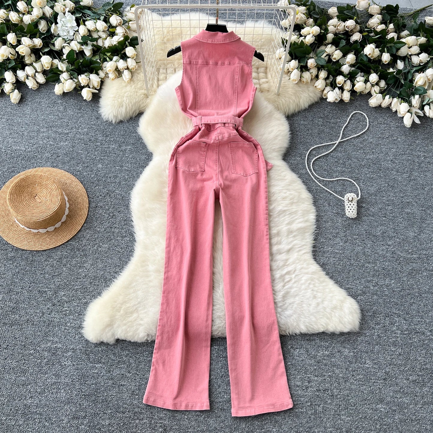 Vintage Turn-down Collar Tunic Slim Jumpsuit for Women High Waist Denim Long Jumpsuit Ladies Retro Overalls Wholesale
