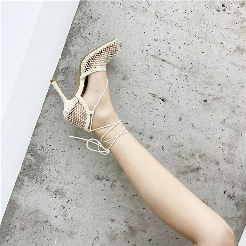 Eilyken Sexy Mesh Pumps Sandals Female Square Toe High Heel Lace Up Cross-Tied Stiletto Hollow Dress Shoes Zapatos Mujer