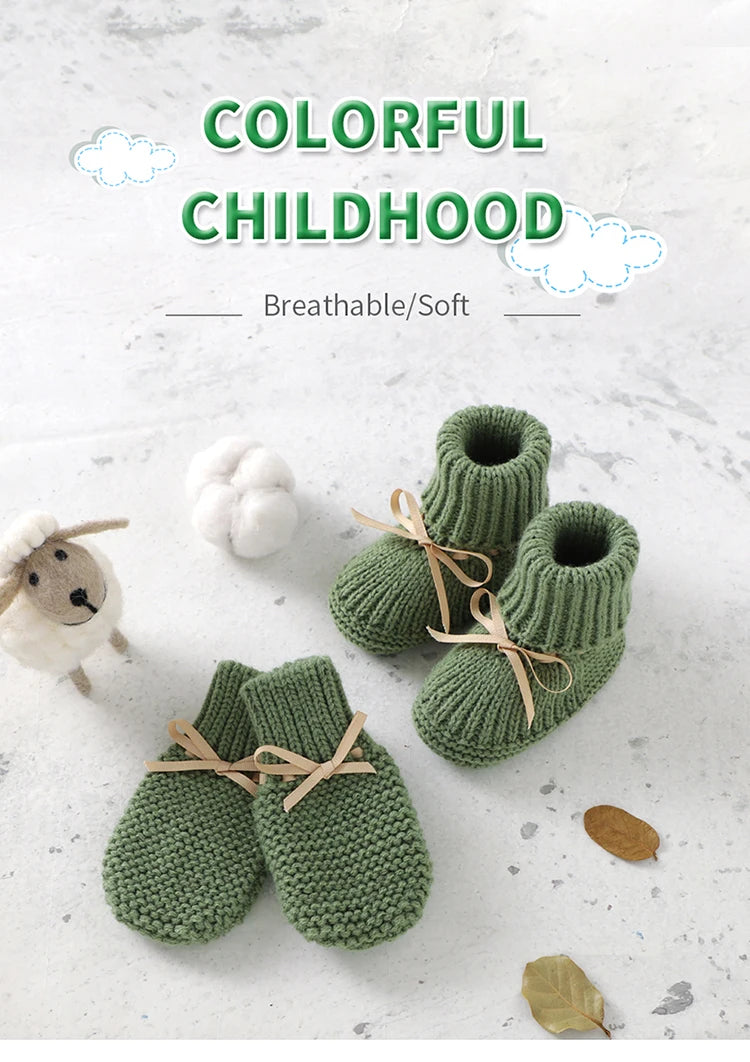 Baby Shoes + Gloves Set Knit Newborn Girls Boys Boots Mitten Fashion Butterfly-knot Toddler Infant Slip-On Bed Shoes Hand Made