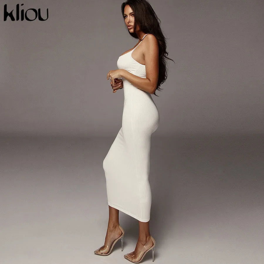 Kliou strap backless sexy bodycon midi long dress new women high waist cotton striped dresses elegant fashion party clothes