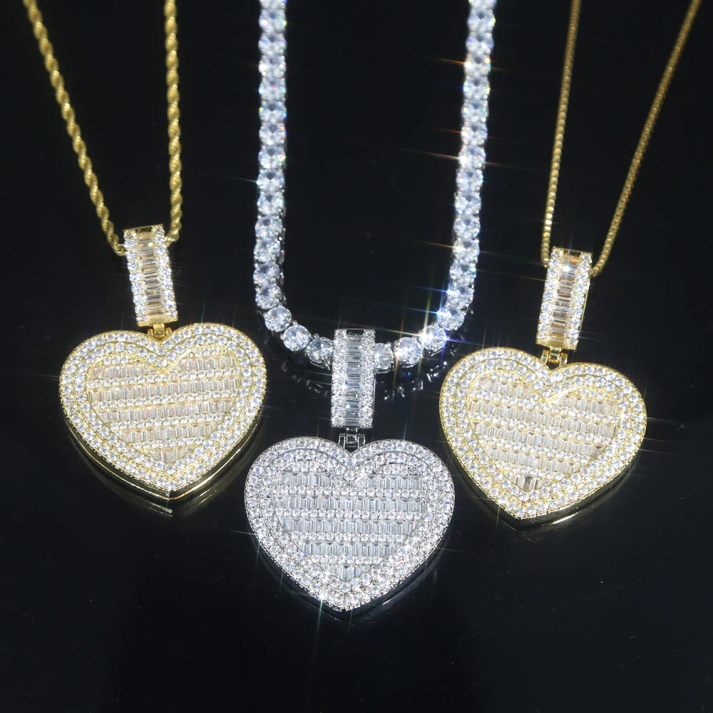 In Stock Iced Out Bling Women Jewelry 5A White Cubic Zirconia Heart Shaped Pendant Necklace With Tennis Box Chain