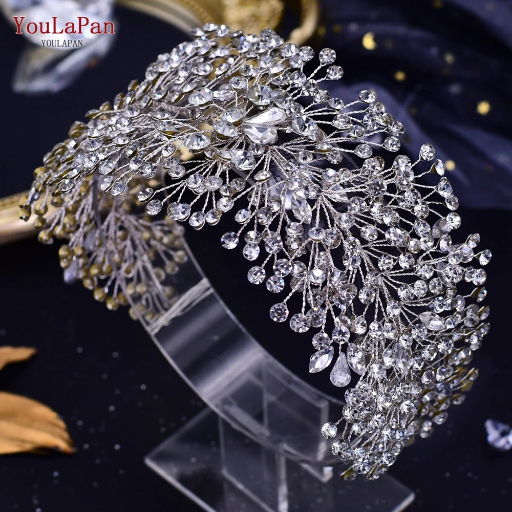 YouLaPan Luxury Bridal Hair Tiara Rhinestone Headband Handmade Wedding Hair Accessories Women Headdress Pageant Headpiece HP398