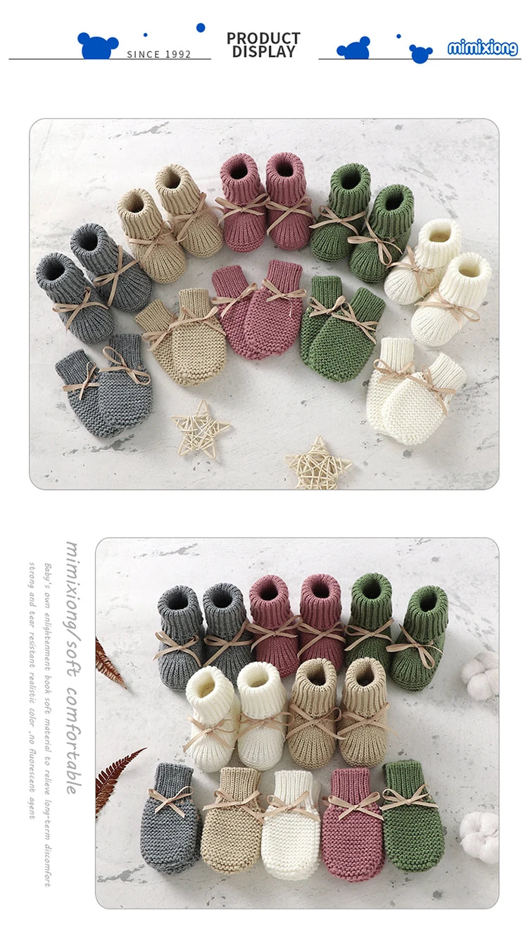 Baby Shoes + Gloves Set Knit Newborn Girls Boys Boots Mitten Fashion Butterfly-knot Toddler Infant Slip-On Bed Shoes Hand Made