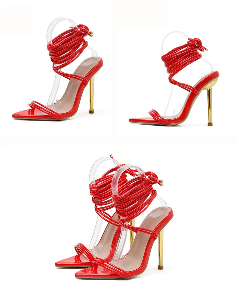 Summer 12CM Gladiator Heels Sandals For Women Fashion Pointed Open Toe Lace-Up Stiletto Ladies Strappy Wedding Shoes Black Red