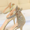 Women Summer Sandals 8.5cm High Heels Rhinestone Crystal Middle Heels Ankle Strappy Sandles Lady Wedding Event Party Gold Shoes