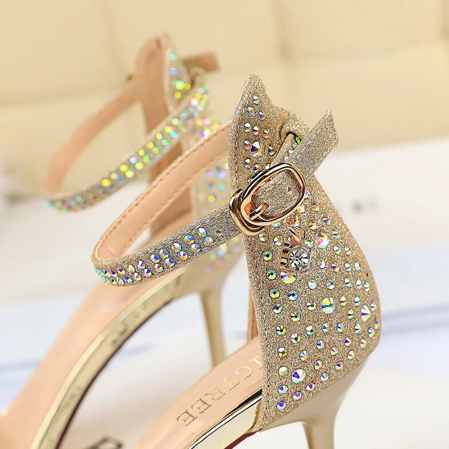 Women Summer Sandals 8.5cm High Heels Rhinestone Crystal Middle Heels Ankle Strappy Sandles Lady Wedding Event Party Gold Shoes