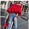 Women Korean Ruffles Off Shoulder Tee Top Puffy Sleeves Red Chiffon Blouse Female Oversize Casual Shirt Lady Chic New