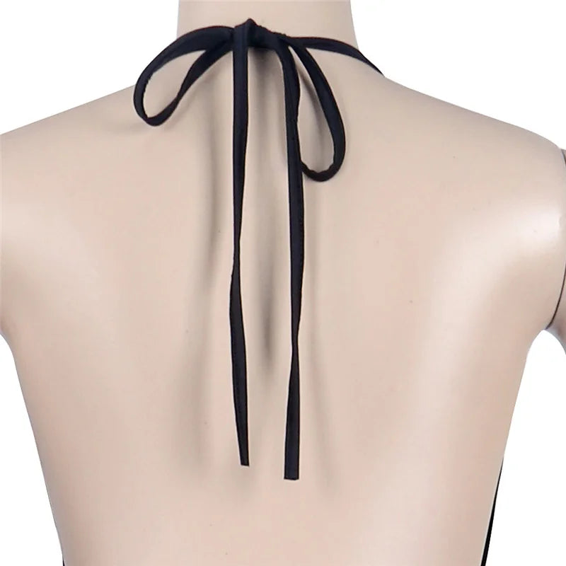 Sparkly Rhinestone Halter Backless Bodycon Dress Women Elegant Night Club Christmas Birthday Dress Sexy Mesh Sheer Mini Dress