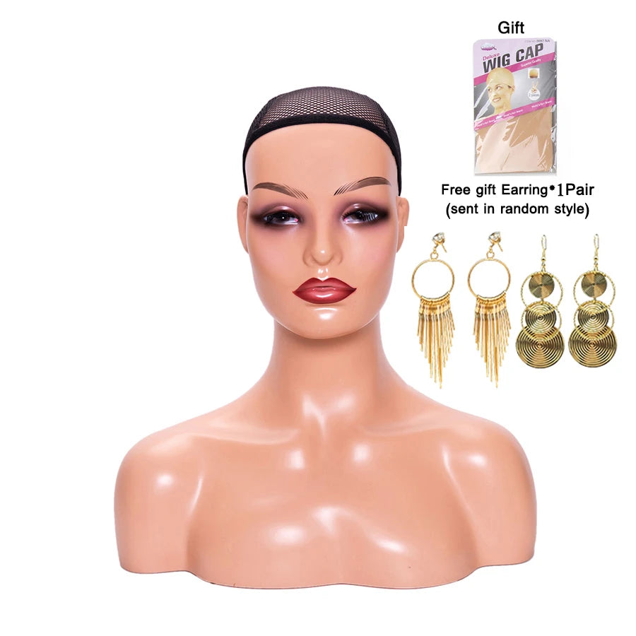 Female Mannequin Head With Shoulder Manikin Head Bust Wig Head Stand With Makeup For Wigs Display Necklace Free Earrings,Wig Cap