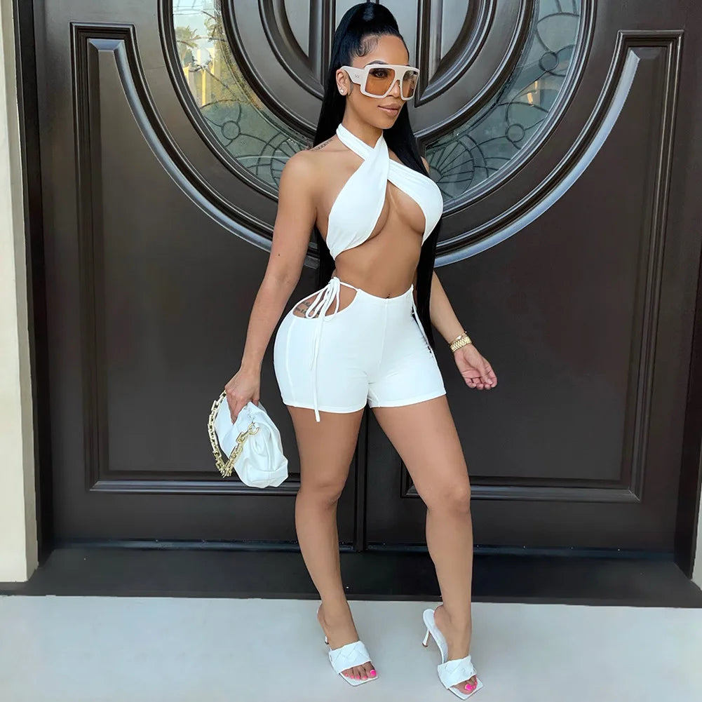 Two Piece Sets for Women Ruched Bandage Criss Cross Solid Women 2024 Spring Backless Club Crop Top and Shorts Matching Set
