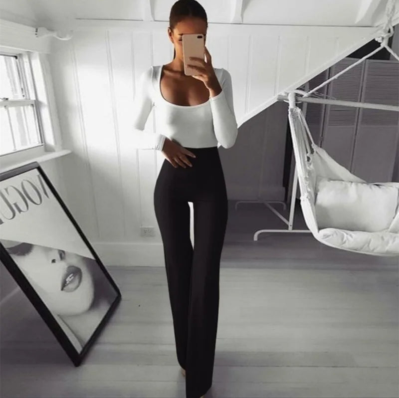 Womens Solid Color High Waist Flare Pants Ladies Trousers Bell Bottom Long Pants Black/White/Blue/Khaki/Burgundy